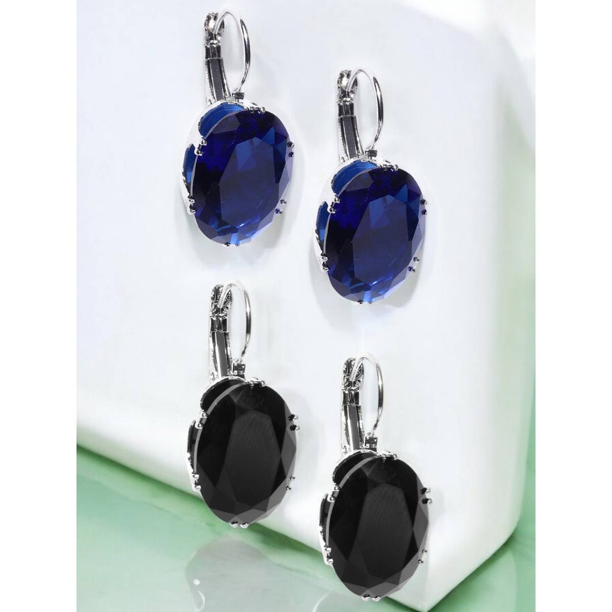 OOMPH Black And Blue Oval Large Crown Cubic Zirconia Drop Earrings (Pack of 2)