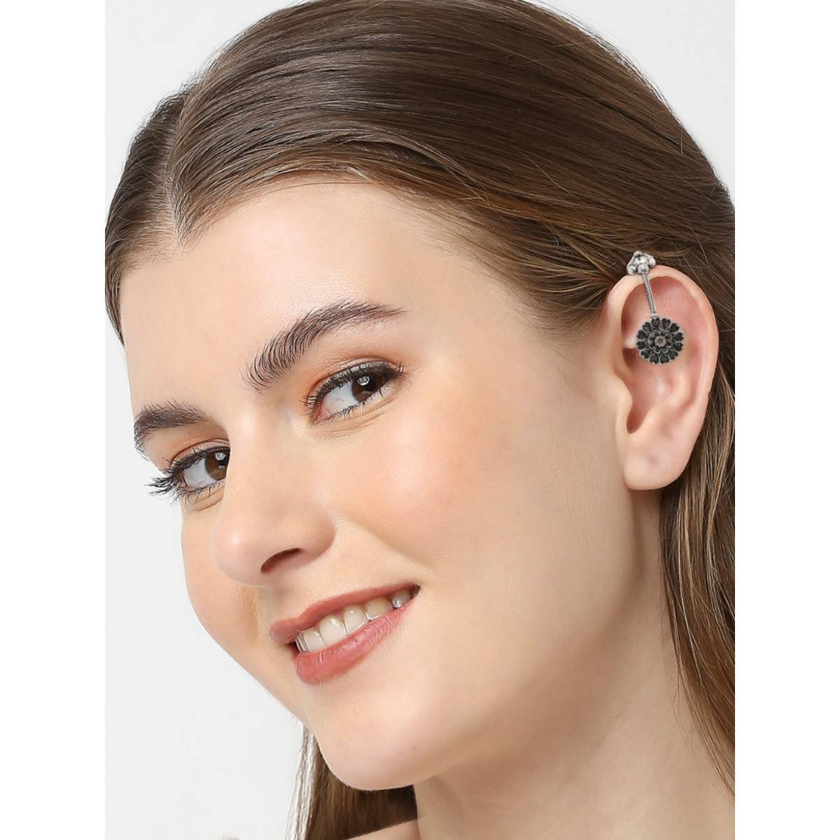 OOMPH Pair Of Oxidised Silver Heart Shape Floral Ethnic Ear Cuff Earrings