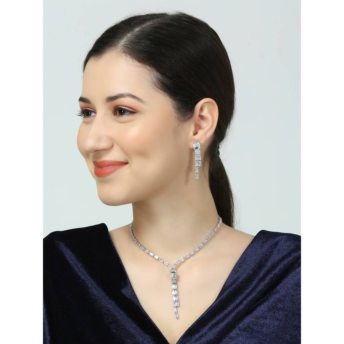 OOMPH Silver Cubic Zirconia Lariat Pendant Necklace Set - Delicate Party-Wear