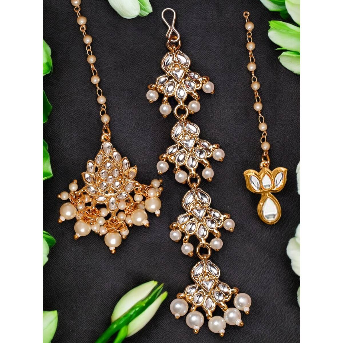 OOMPH Gold Tone Kundan And Pearls Floral Wedding Delicate Maangtikkas (Pack of 3)