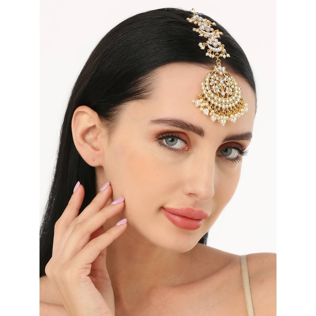 OOMPH Gold Tone Kundan And Pearls Lotus Design Large Wedding Maangtikka