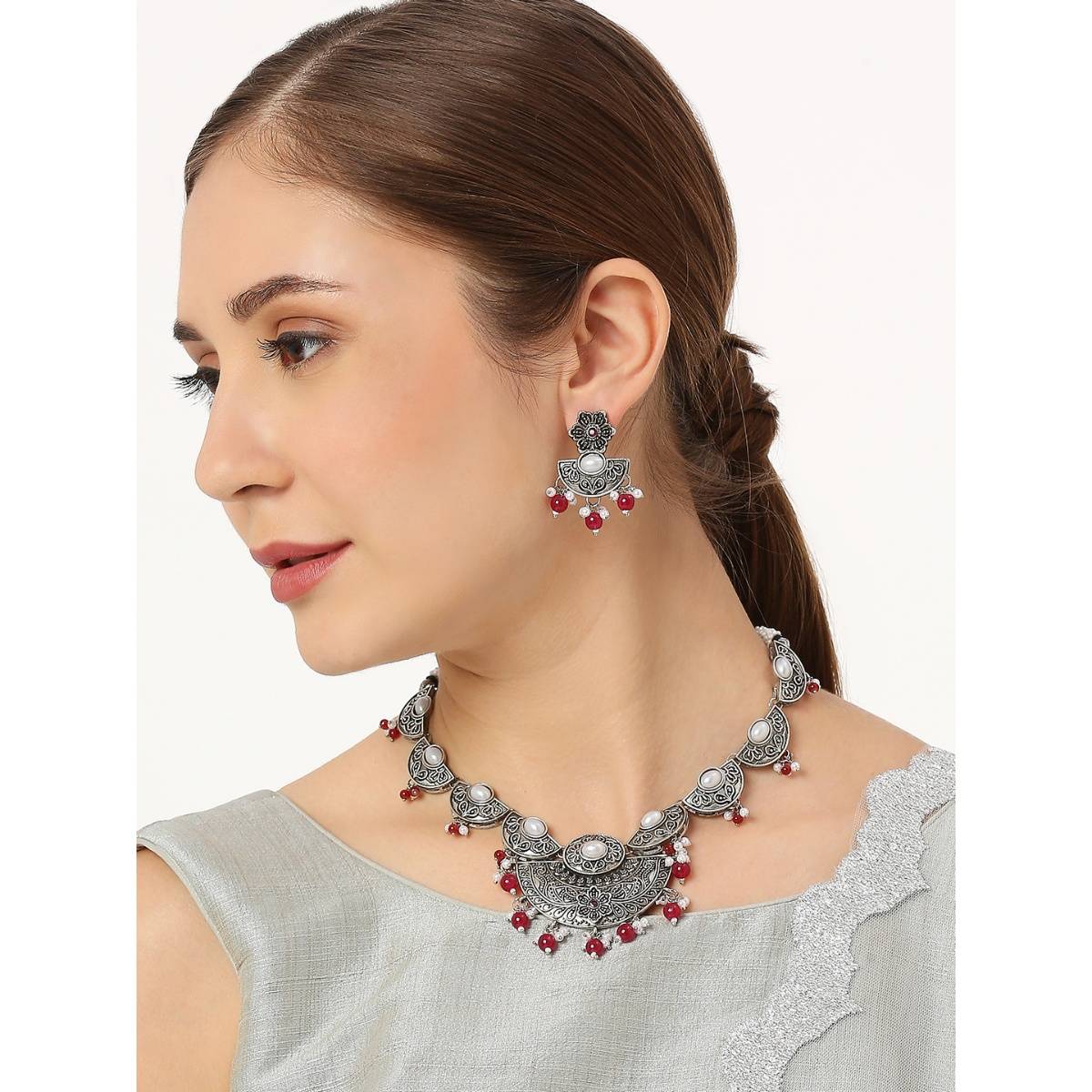 OOMPH Oxidised Silver Tone Red Maroon Stones And Pearls Necklace Set With Drop Earrings