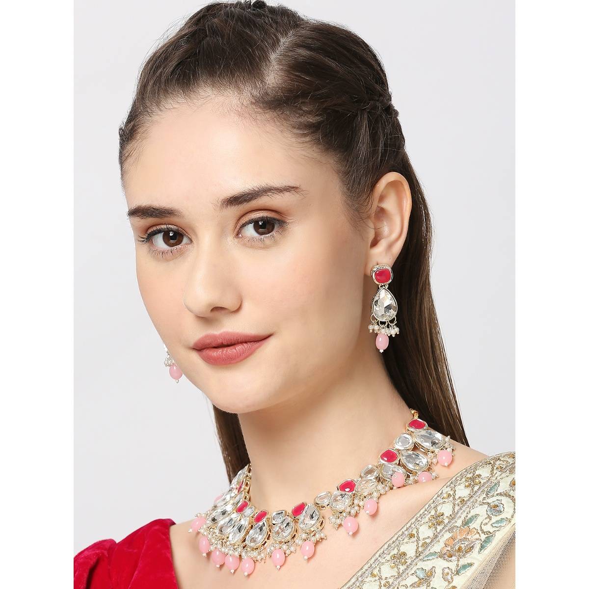 OOMPH Pink And Red Beads And Kundan Ethnic Choker Necklace Set With Drop Earrings