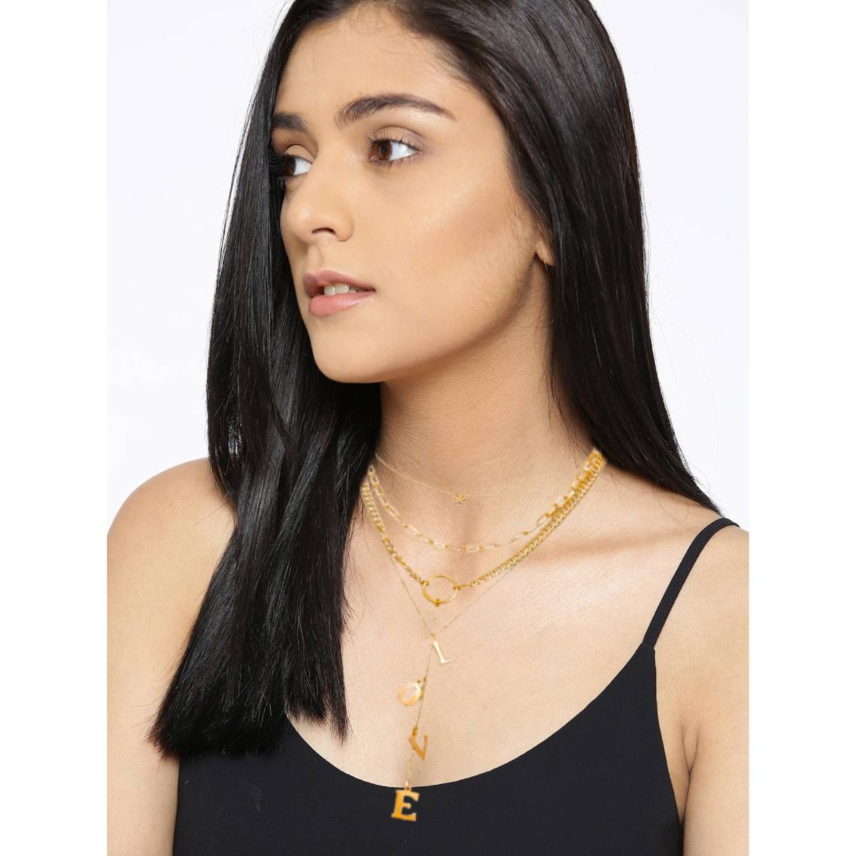 OOMPH Gold Tone Love Alphabet Multi Layered Multi-Strand Love Fashion Necklace