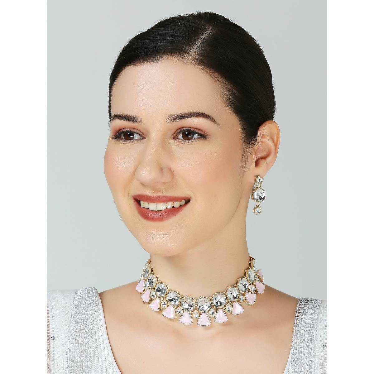 OOMPH Pink Kundan Choker Necklace Set - Indo-Western Look
