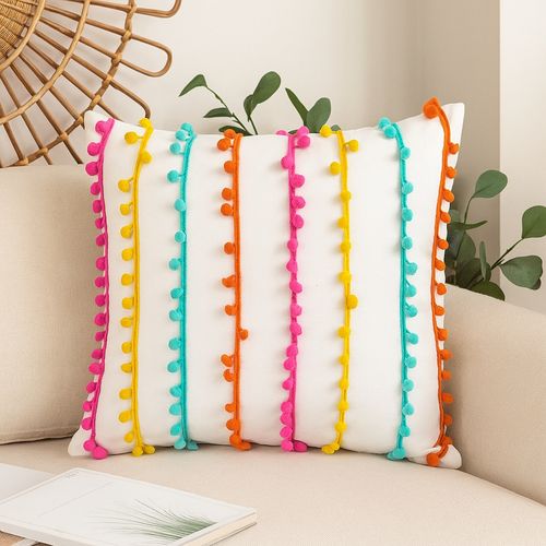 THROW PILLOW White Base Cushion Cover With Multicolor Pom-Pom Lace  Cheerful Decor (12x12 inches)