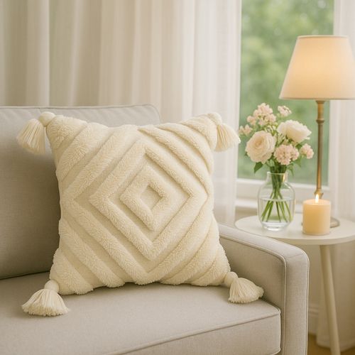THROW PILLOW Diamond Tufted Cotton Basketweave Cushion Cover With Tassels  (12x12 inches)