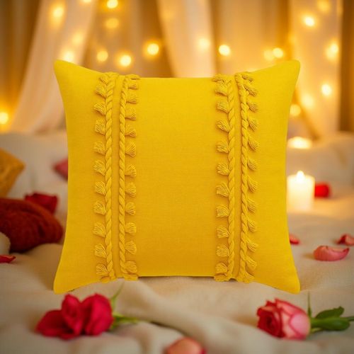 THROW PILLOW Golden Tassel Charm: Mustard Yellow Cushion Cover For Boho  Elegance (12x12 inches)