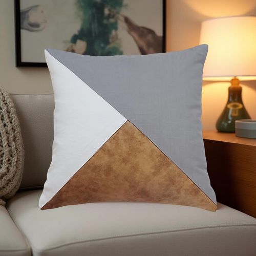THROW PILLOW Geometric Fusion Cushion: White, Grey, Brown, Faux Leather  Fabric (12x12 inches)
