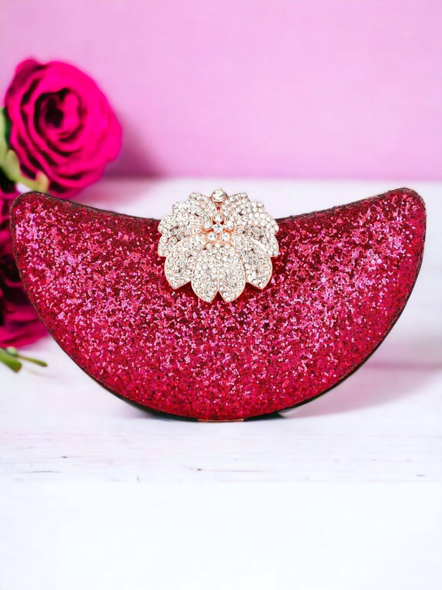 Buy Toobacraft Magenta and Gold-Toned Embellished Half Moon Clutch