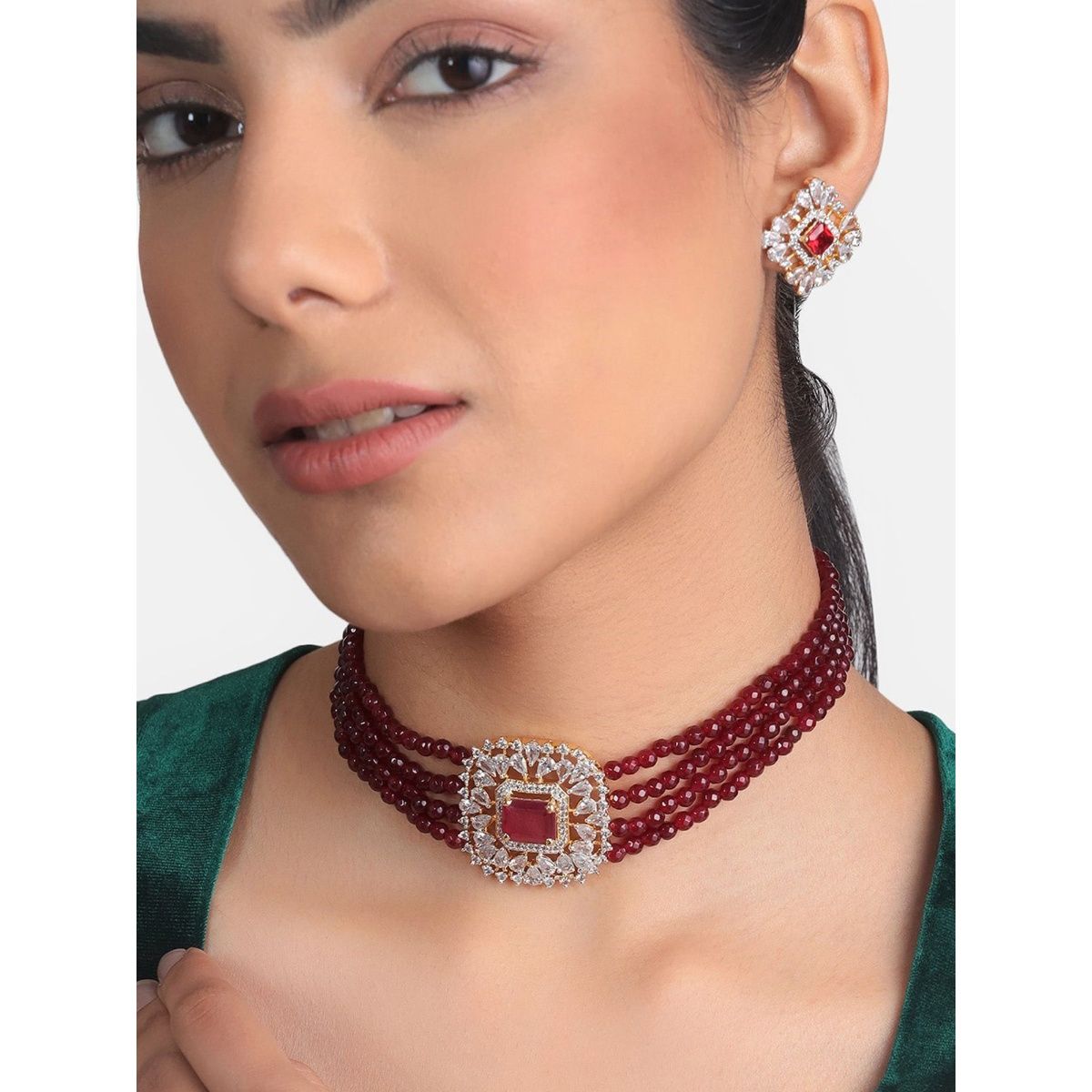 Estele Gold Plated CZ Ruby and Red Beads Choker Square Necklace for Women (Set of 2): Buy Estele Gold Plated CZ Ruby and Red Choker Square Necklace for Women (Set of