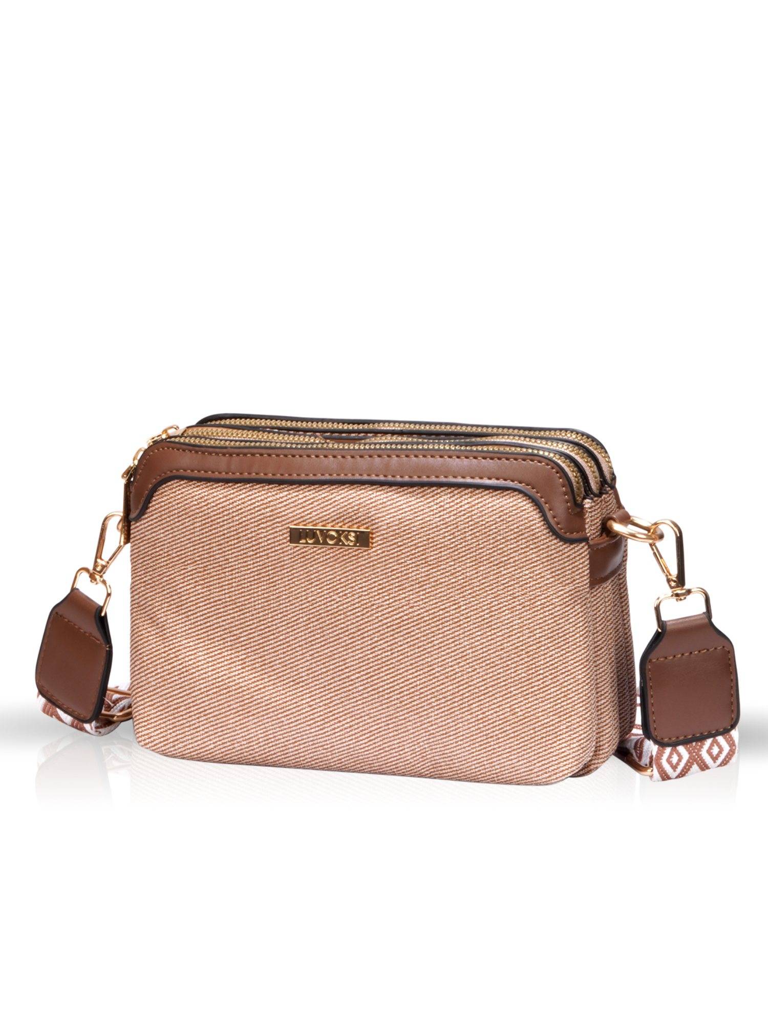 LUVOKSI Brown Caska Textured Three-Compartment Crossbody Sling Bag