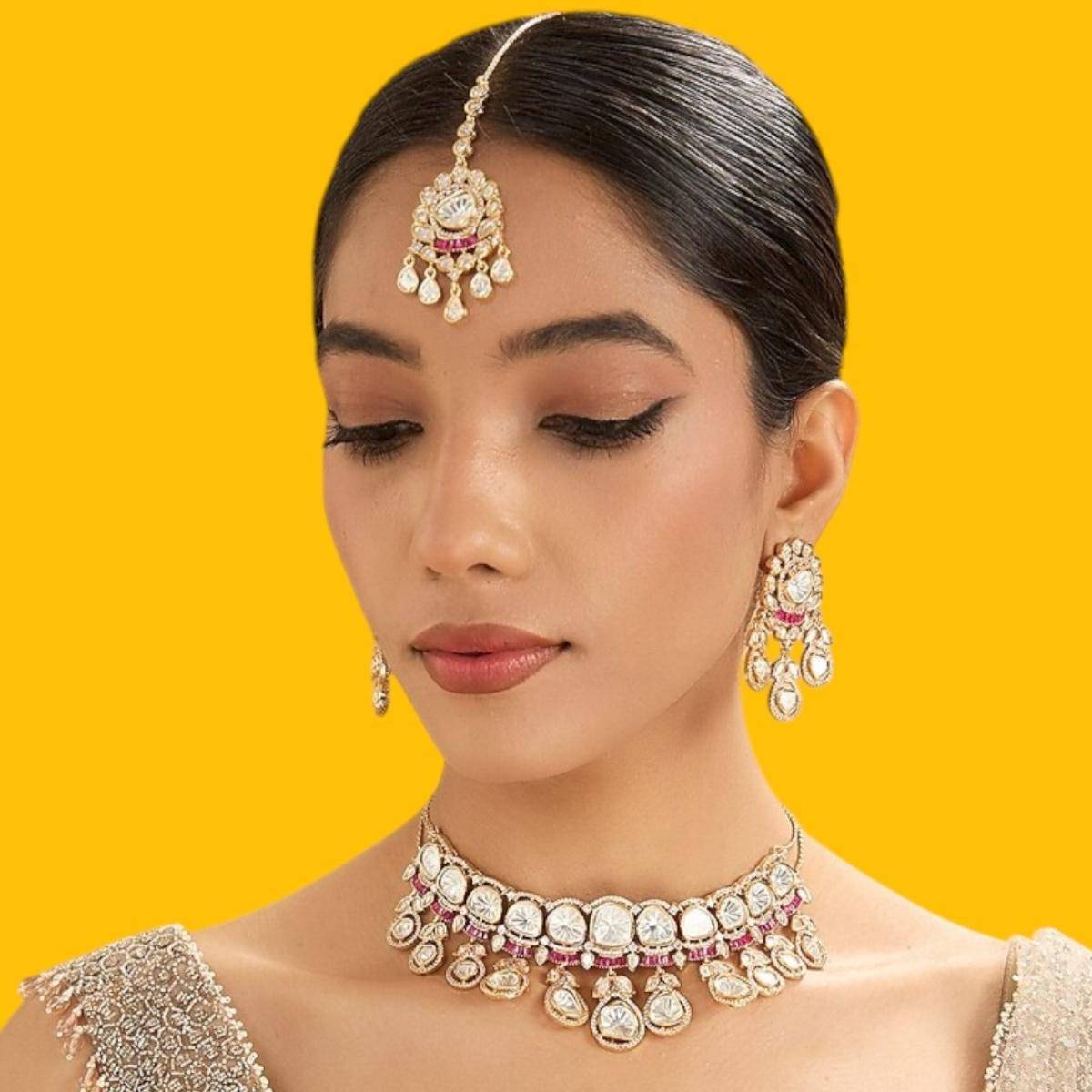 Auraa Trends Pink Bridal Kundan Choker Necklace Jewellery Set