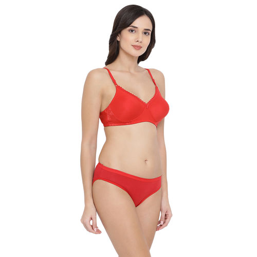 Buy Clovia Cotton Rich Non-Padded Non-Wired T-Shirt Bra & Low Waist Bikini  Panty - Red Online