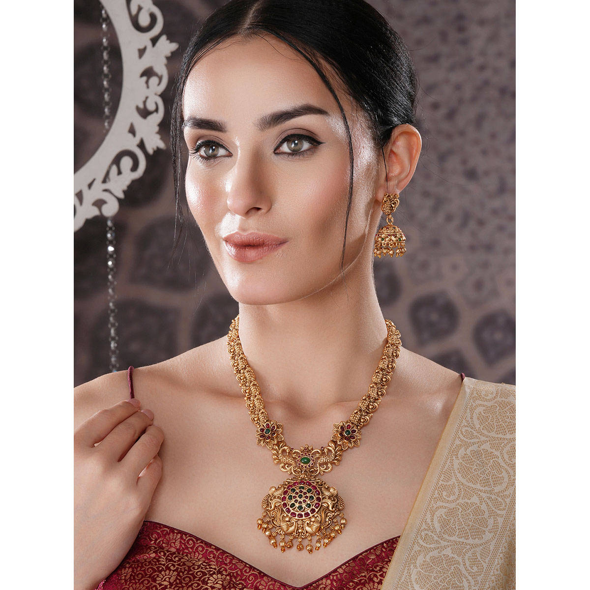 Saraf RS Jewellery Gold Plated Multi-Color Kempo Temple Floral Peacock Jewellery Set
