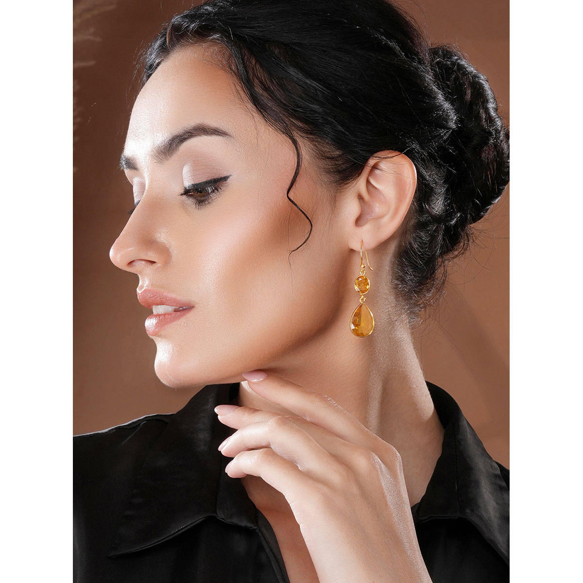 Saraf RS Jewellery Citrine Yellow Cyrstal Tear Drop Dangler Shaped Minimal Earrings