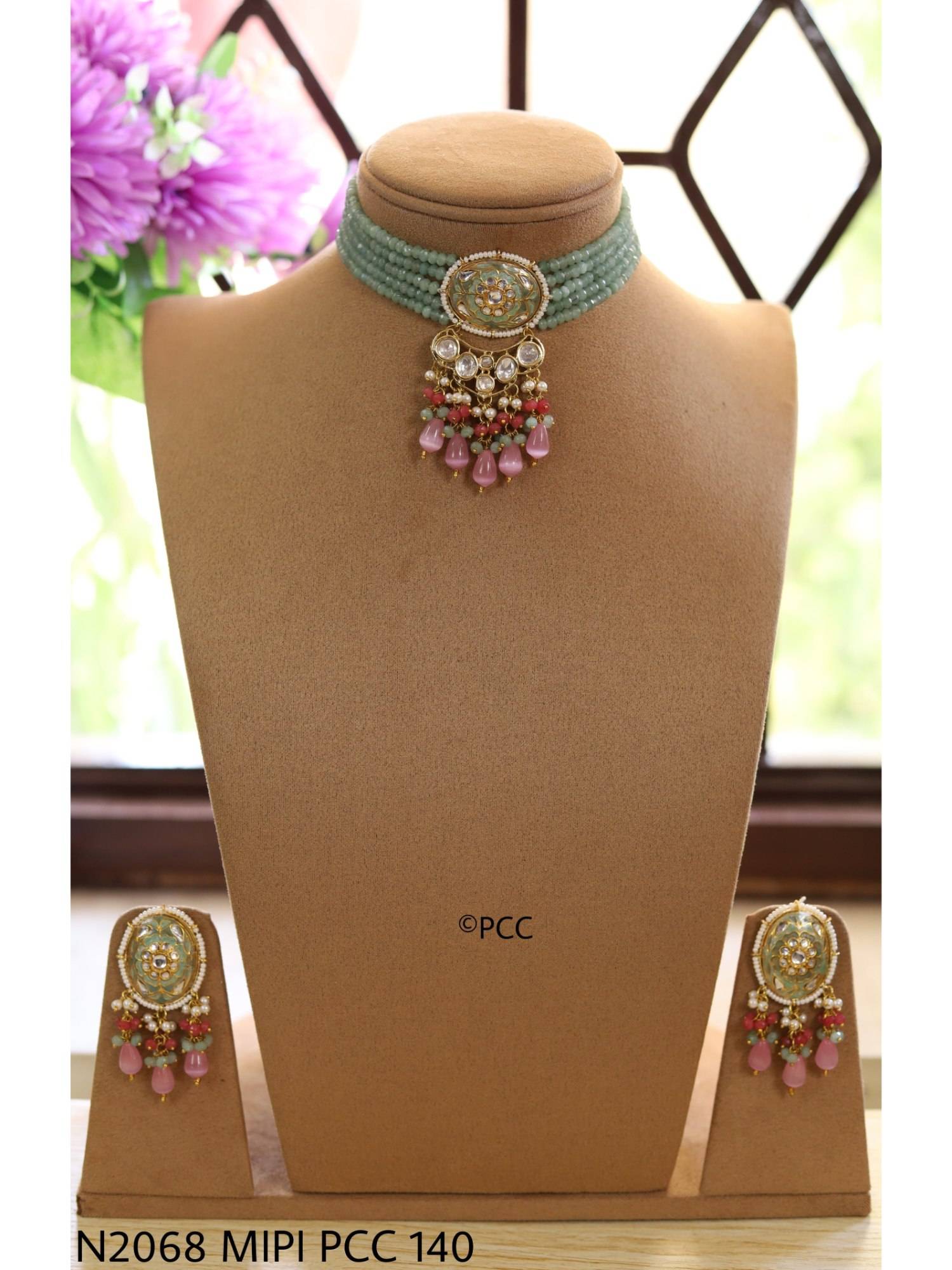 PINKCITY CRAFT Celestial Grace Meenaya Green Choker with Earrings