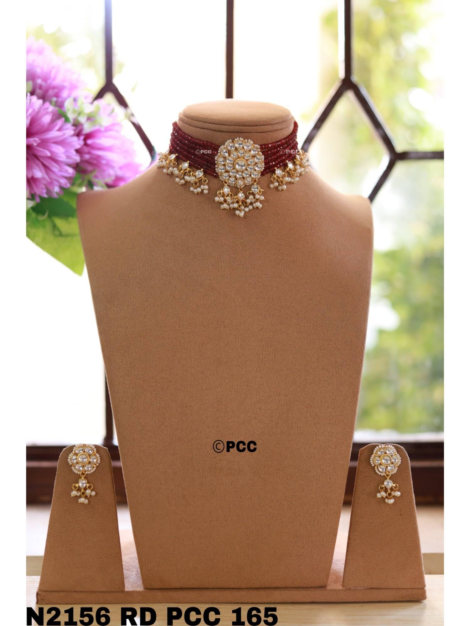 PINKCITY CRAFT Guldaasta Kundan Bloom Maroon Choker with Earrings
