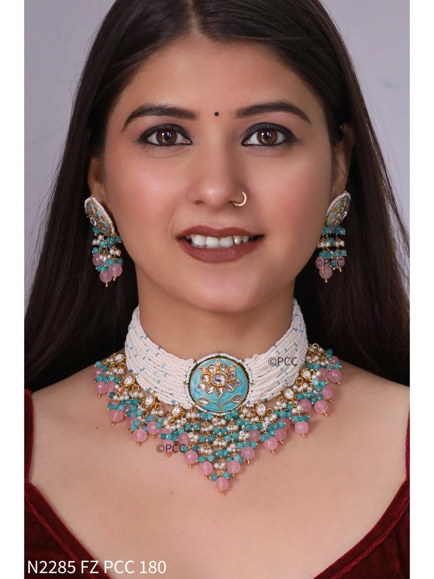 PINKCITY CRAFT Jashn Gul Minakari Blue Choker with Earrings