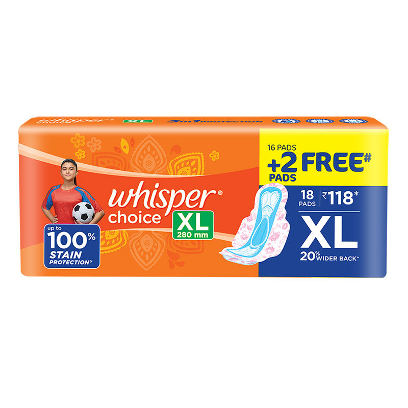 Whisper Choice XL thick Sanitary Pads - upto 100% Stain protection with side safe Wings- 16 Pads 2 Free Pads