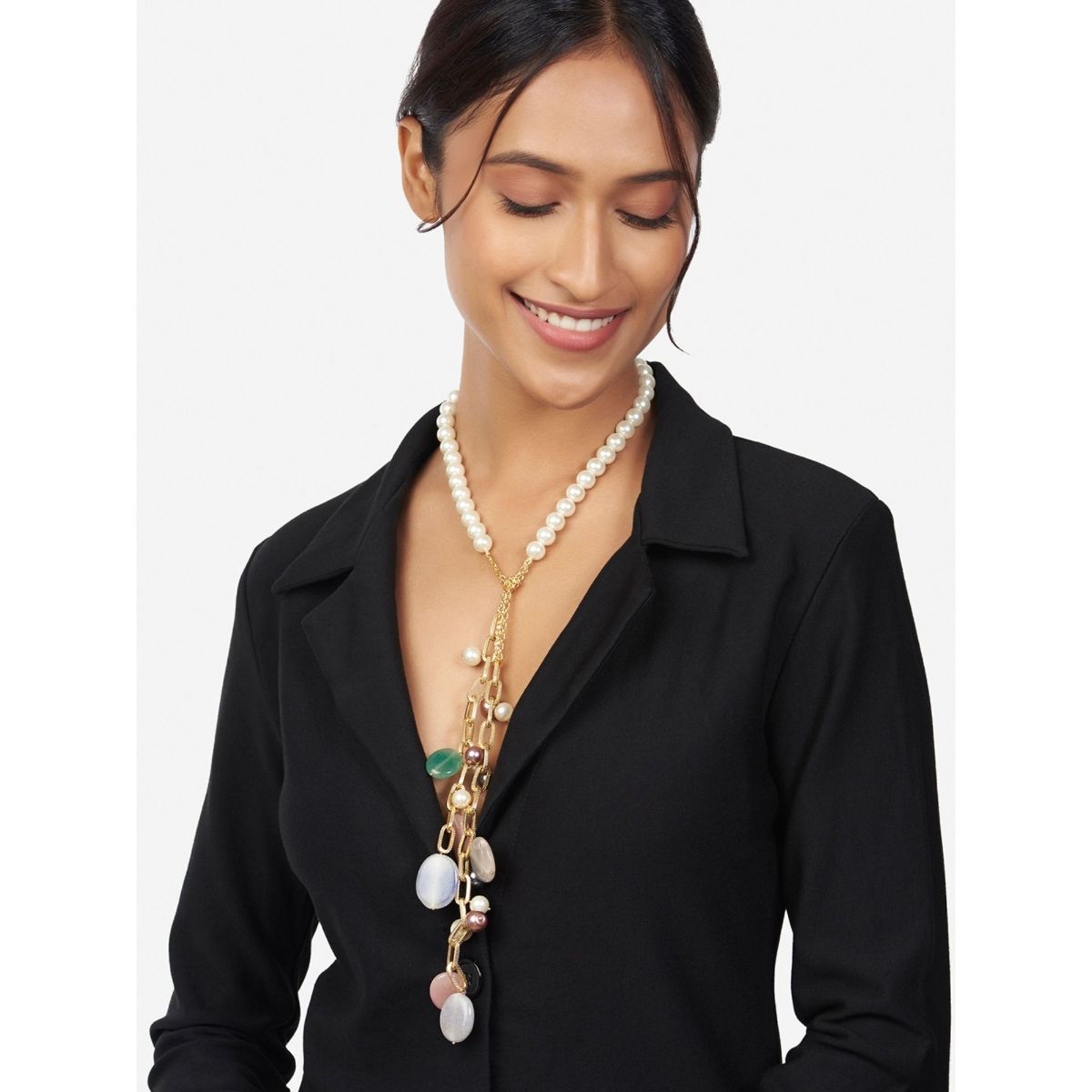 Ahaanya White & Gold Chain Necklace With Agates & Pearls Buy Ahaanya