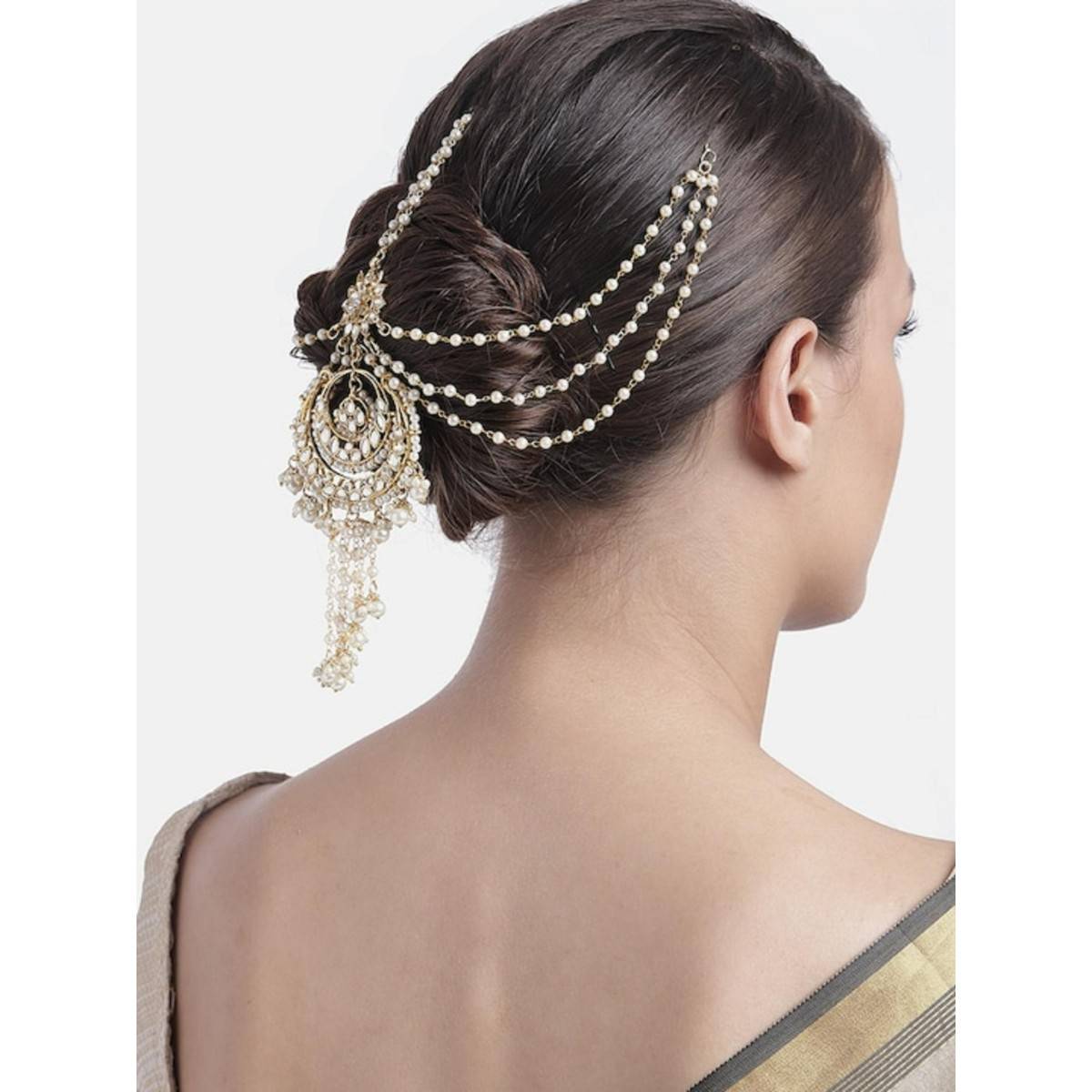 Buy I Jewels Gold Plated Traditional White Kundan Pearl Paranda Hair ...