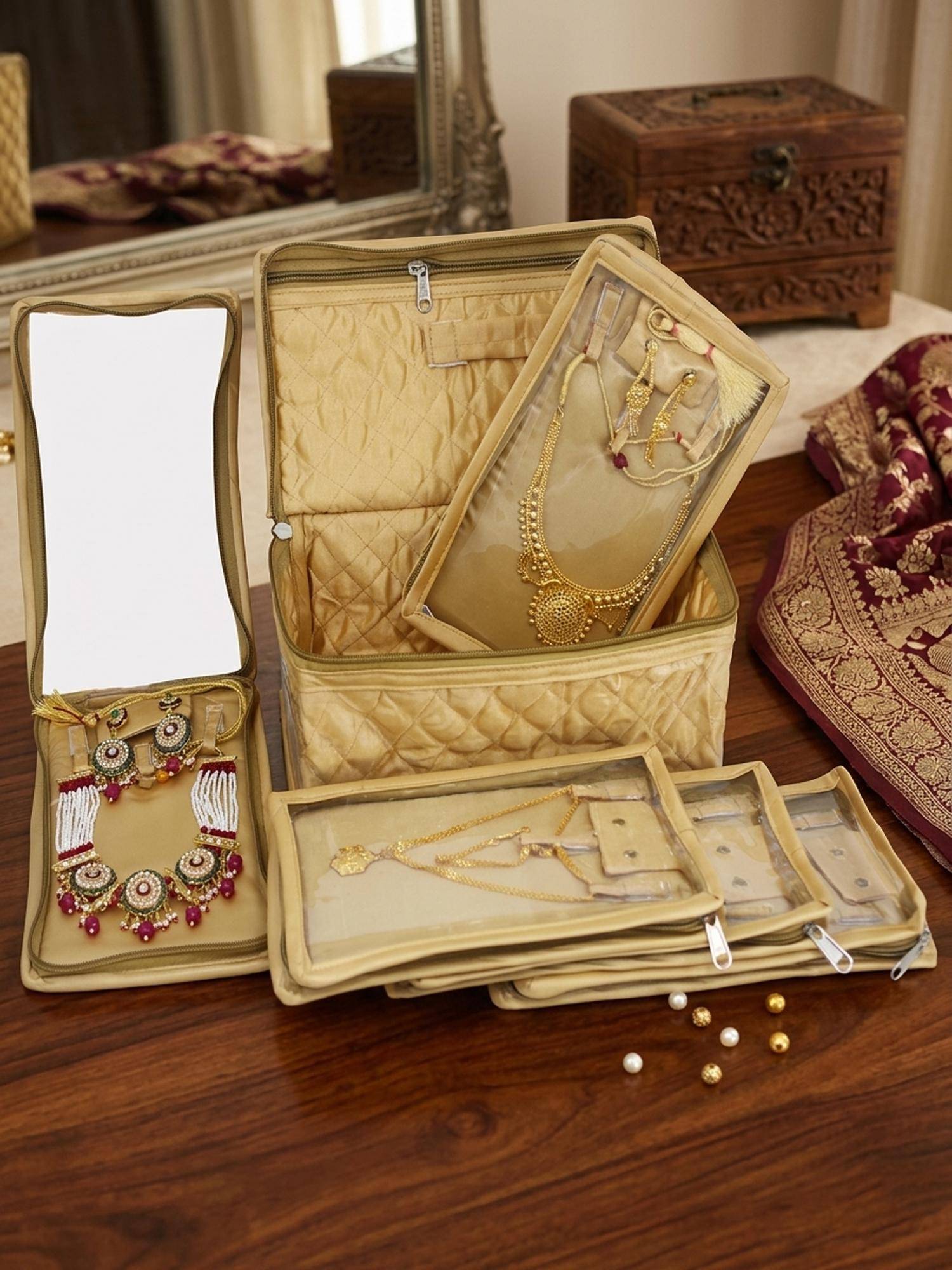 atorakushon Jewellery Organizer Makeup Pouch for Necklace & Earrings - Gold