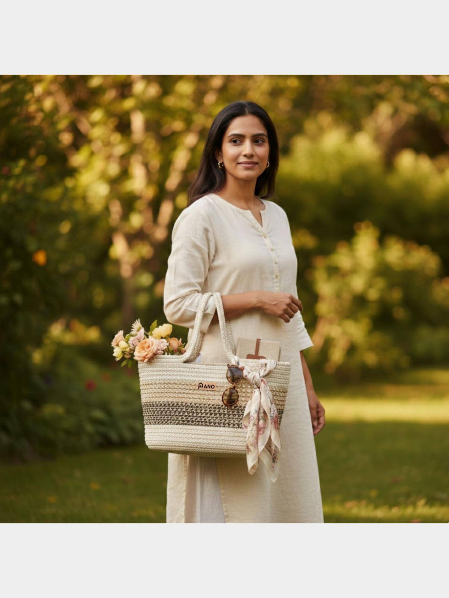 PANO Braided Floris Tote Storage Basket - Beige and Brown