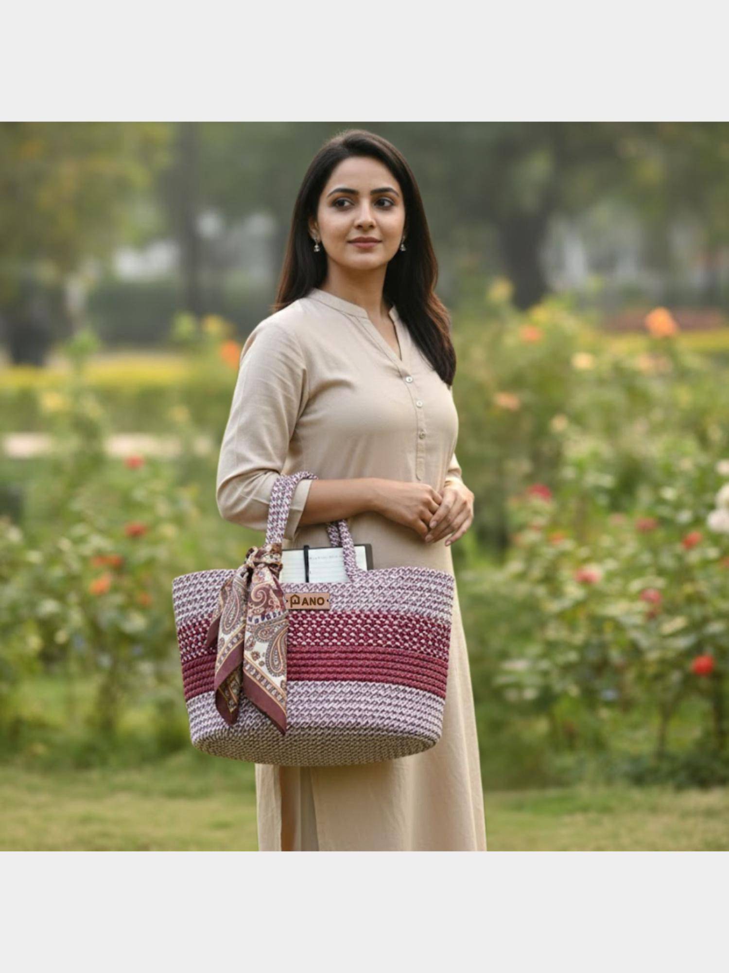 PANO Braided Floris Tote Storage Basket - Beige and Maroon