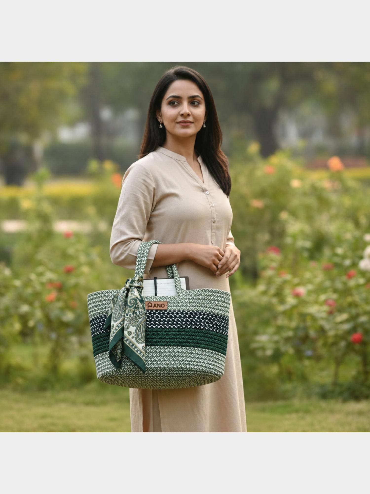 PANO Braided Floris Tote Storage Basket - Beige and Green