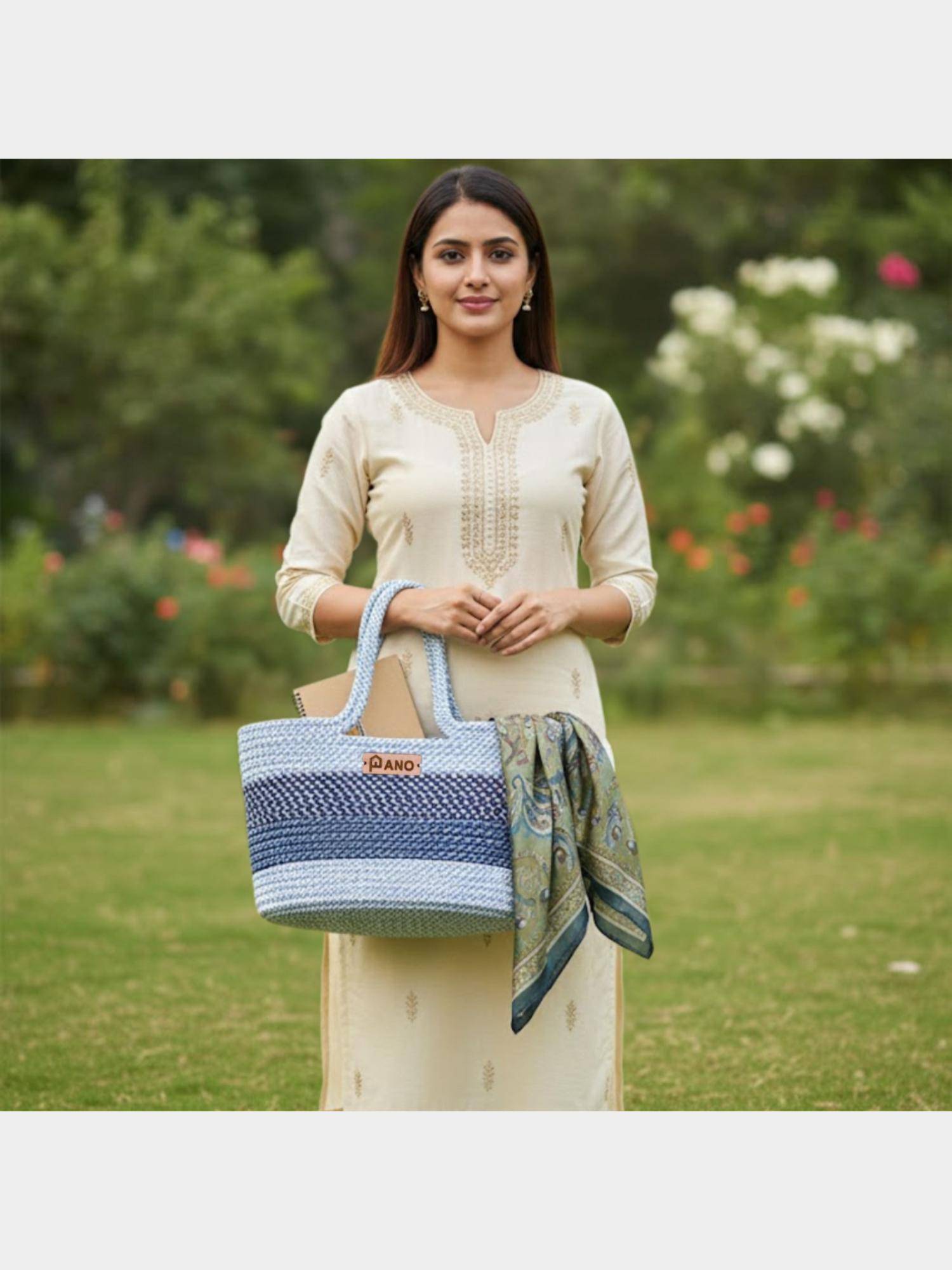 PANO Braided Floris Tote Storage Basket - Grey and Navy Blue