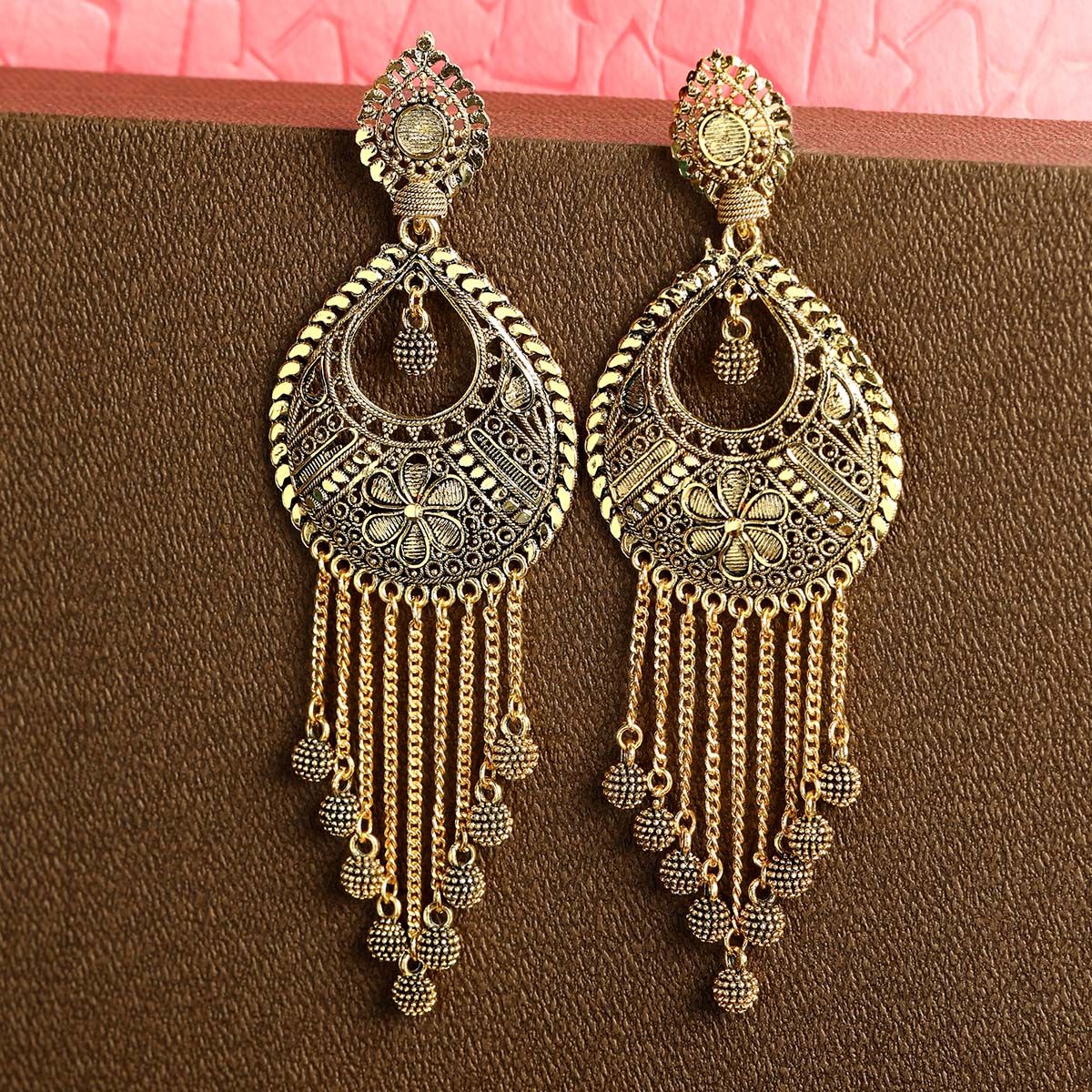 Anikas Creation Gold Plated Antique Polished Jhalar Drop Earring: Buy ...