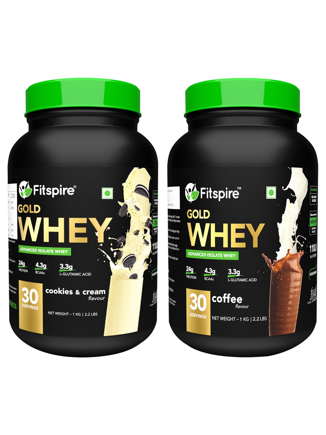 Fitspire 100% Whey Gold Protein Isolate Two Flavour Coffee & Cookie & Cream 1 Kg / 2.2 Lb - Combo