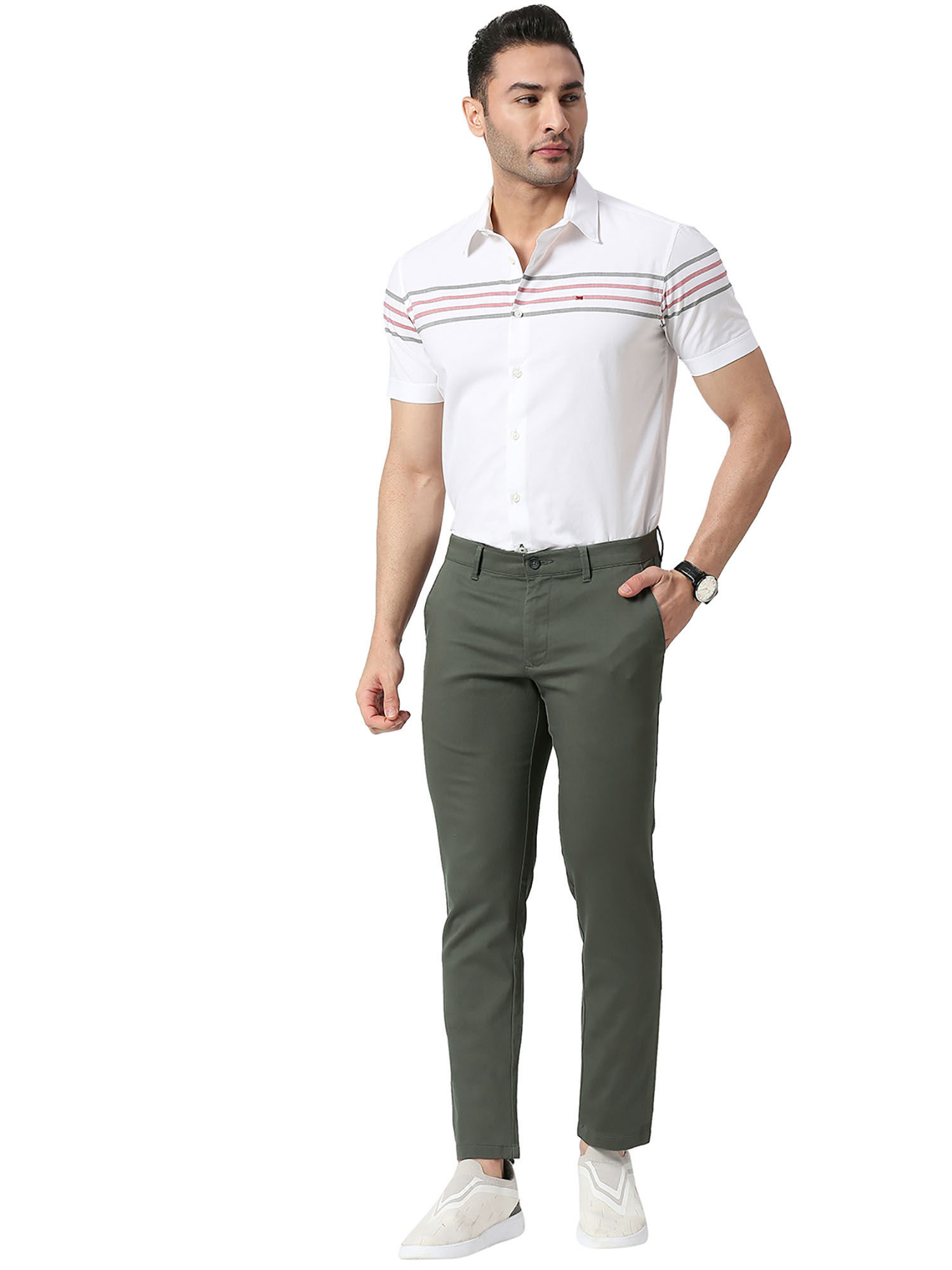 Basics Mid Grey Tapered Fit Checks Trousers