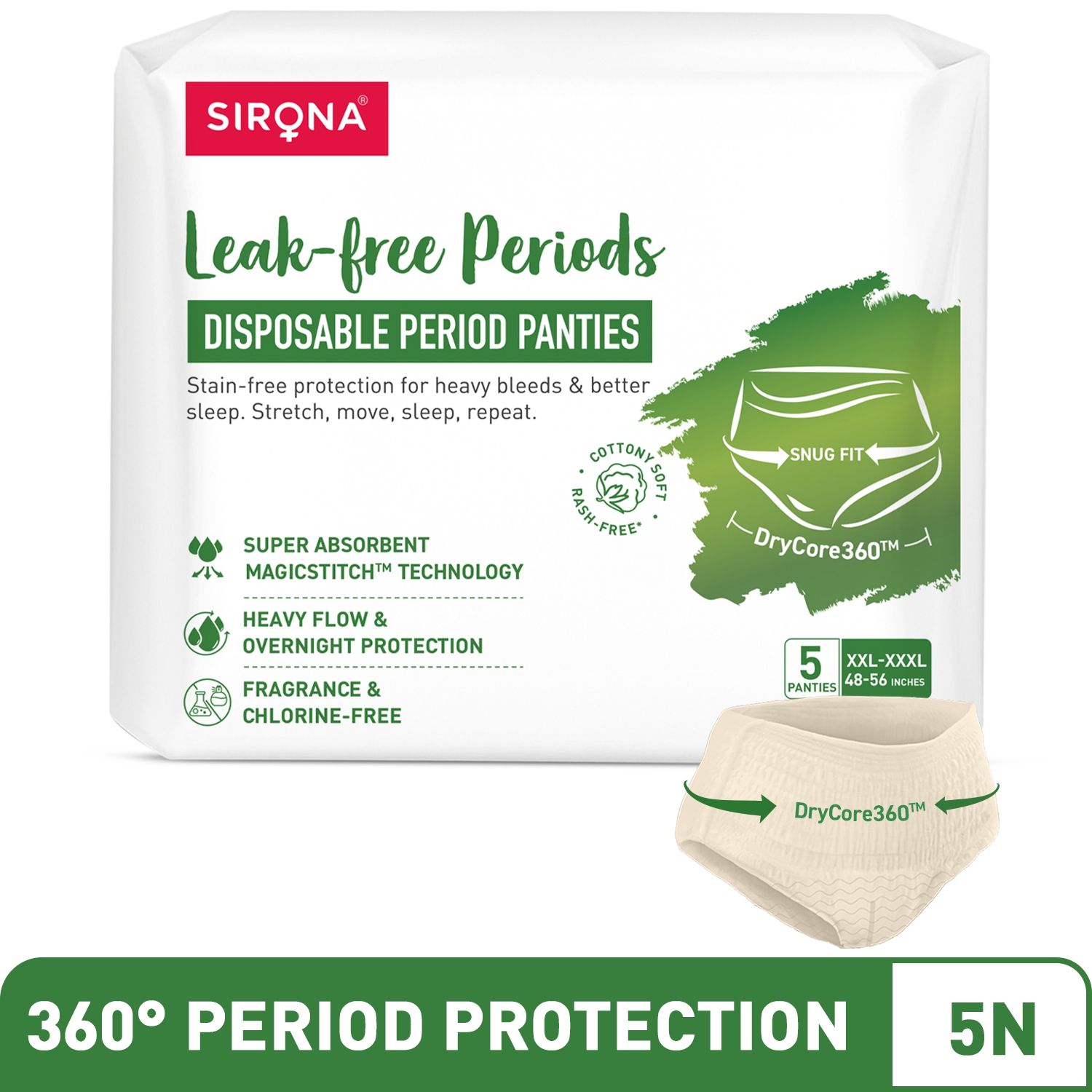Sirona Disposable Period Panties 2XL-3XL (48-56 in) 360° Coverage, Leakage Protection for Heavy Flow