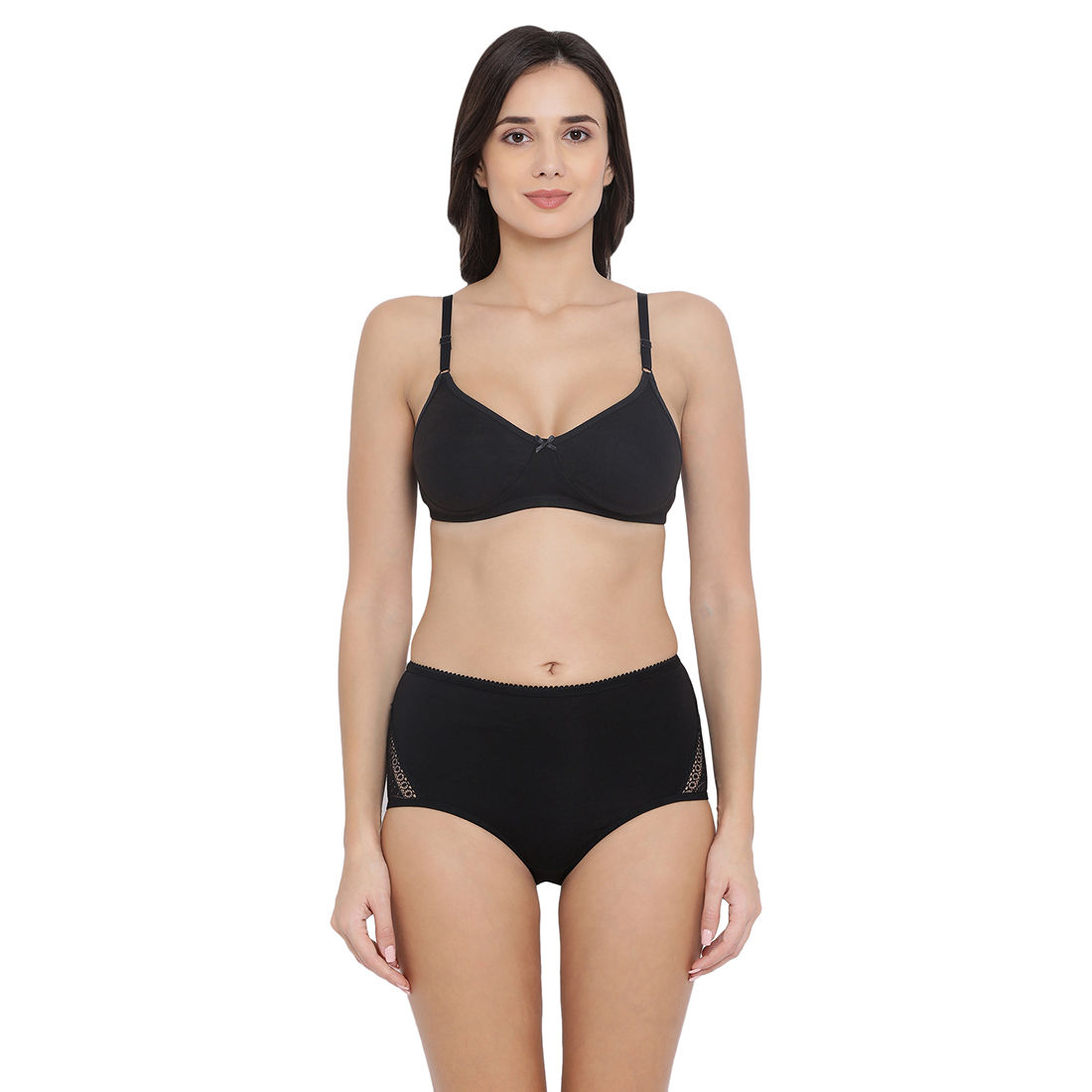 Buy Clovia Cotton Rich Non Padded Wirefree T Shirt Bra And Mid Waist Hipster Panty Black Online 9382