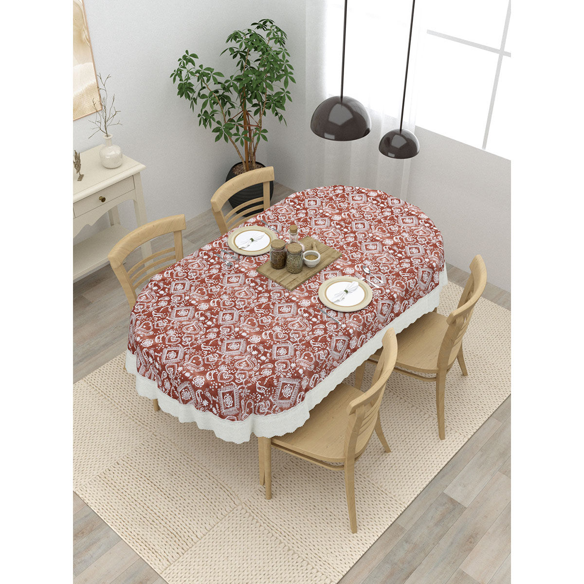 Buy The Home Story Oval Dining Table Cover White Print On Brown (4 ...