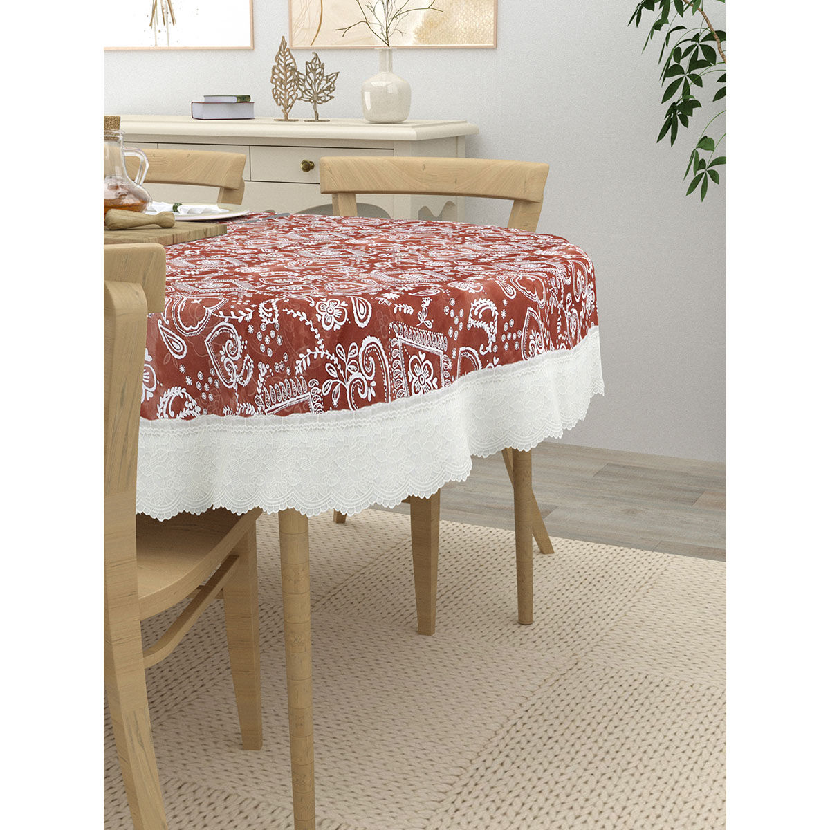 Buy The Home Story Oval Dining Table Cover White Print On Brown (4 ...