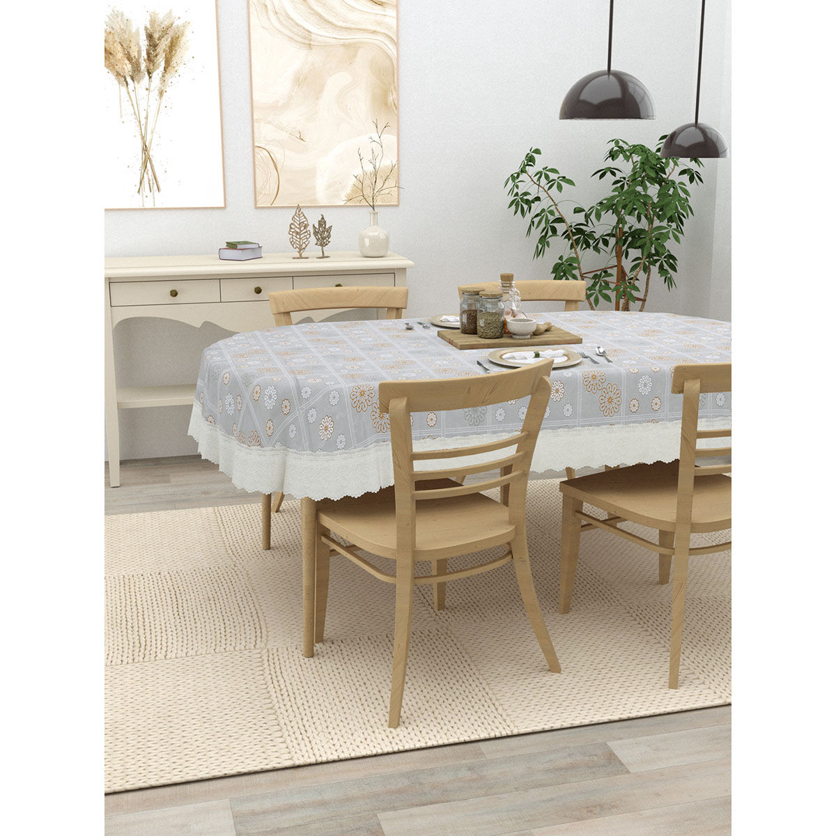 Buy The Home Story Oval Dining Table Cover Anti Slip Golden Print On Grey (4 Seater) Online