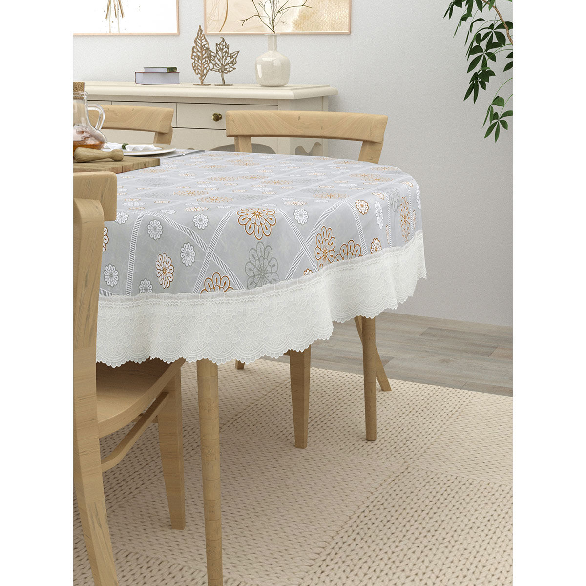 Buy The Home Story Oval Dining Table Cover Anti Slip Golden Print On Grey (4 Seater) Online