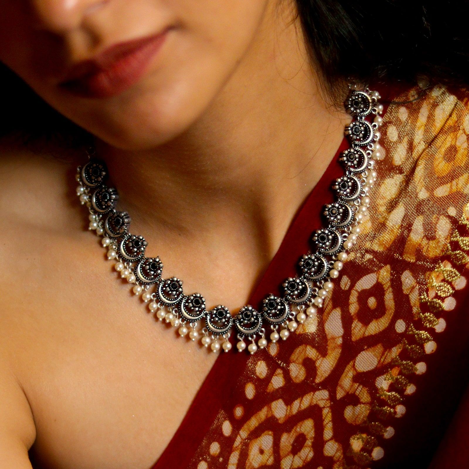 Buy TEEJH Niranjana Black Stone Silver Oxidized Necklace Set For Women at  Amazon.in