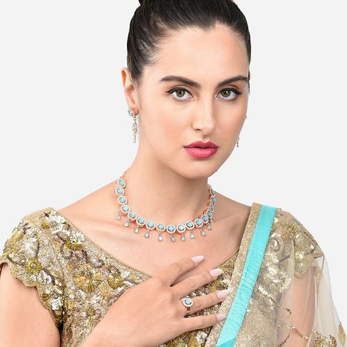 Zaveri Pearls Turquoise Blue Dazzling Stones Sleek Choker Necklace Earring  Ring (set of 3)