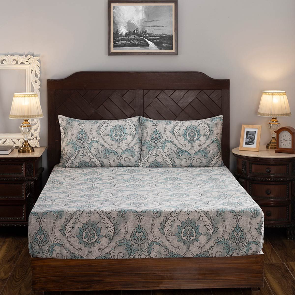 Maspar Nostalgic Attire Pearl Petal 400Tc Cotton Print Blue King Bed