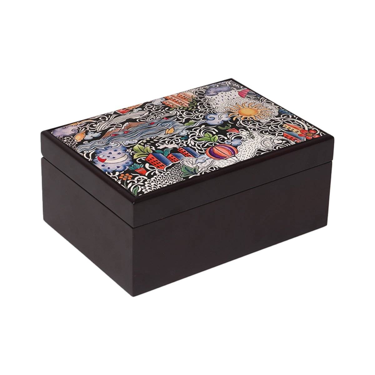 KOLOROBIA Doodle Art Design Inspiration Decorative Luxury Wooden Tea Storage Chest Organizer