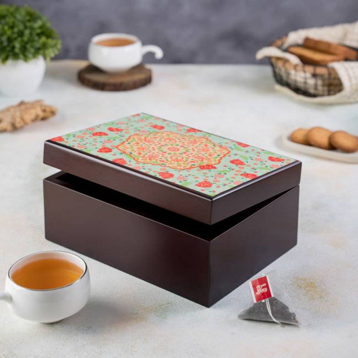 KOLOROBIA Ornate Mughal Decorative Luxury Wooden Tea Storage Chest Organizer Container