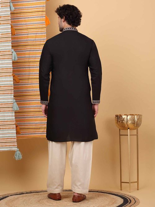 cotton black wrap dress Men's Cotton Silk Heavy Embroidered Black Kurta – Sojanya main image 1