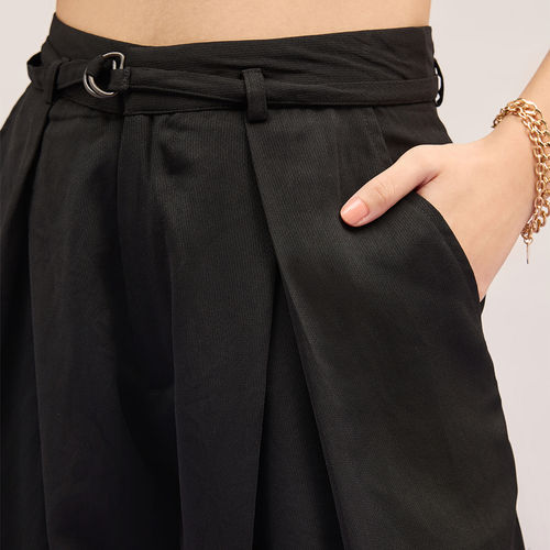 Buy MIXT by Nykaa Fashion Black Solid High Waist Belted Fit And Flare Pant  (Set of 2) Online