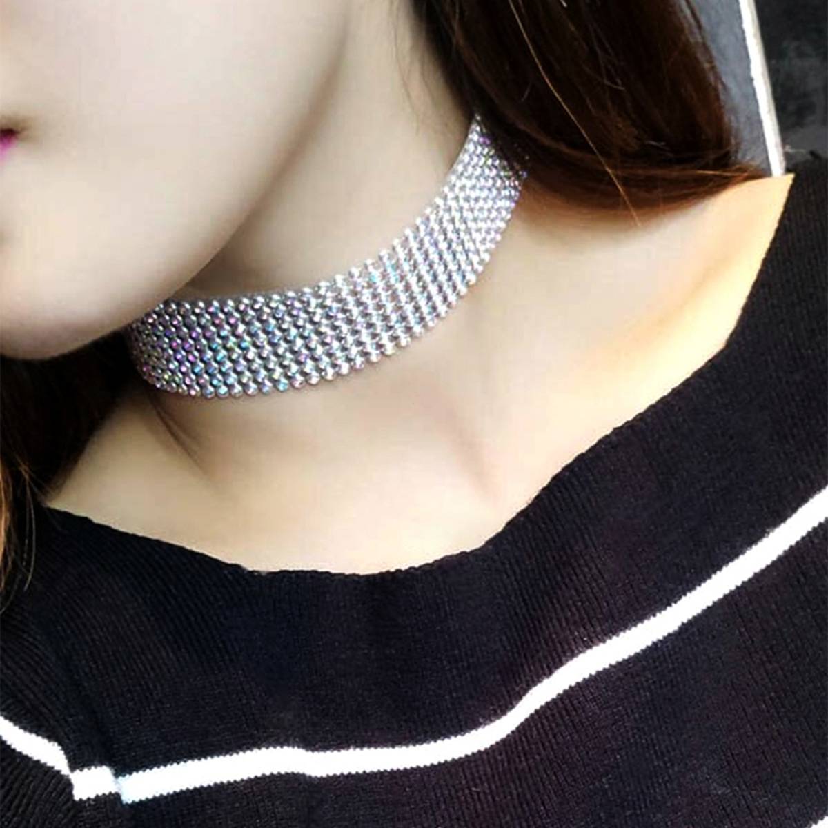Yellow Chimes Silver-Toned and White Silver-Plated Crystal Studded Choker Necklace