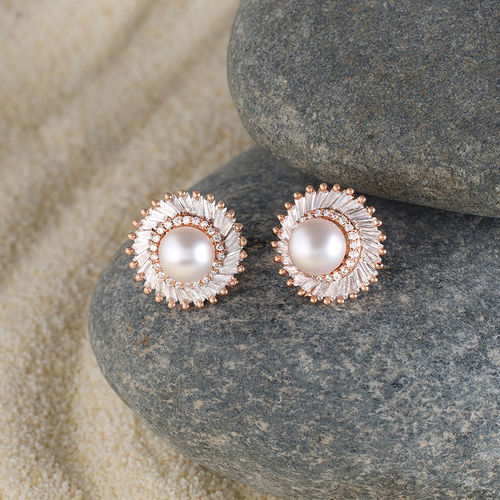 Zaveri Pearls White Rose Gold Tone Baguette Diamonds Pearl Brass Studs  Earrings