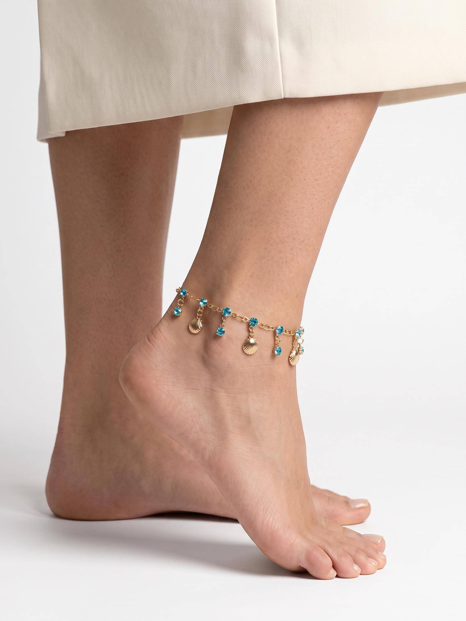 Carlton London Rose Gold Plated Sea Shell and Turquoise Blue Studded Charm Anklet